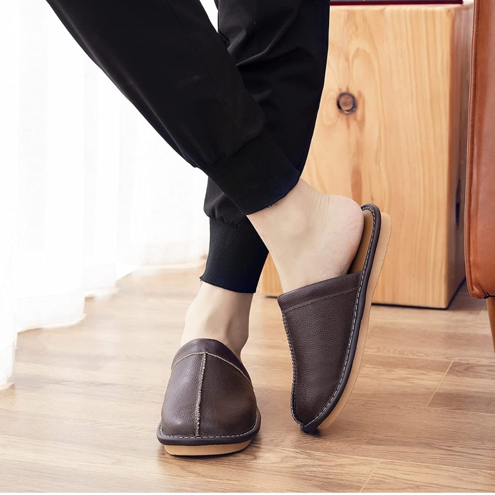 Mens Genuine Cowhide Leather Slippers Non Slip Home Bedroom Shoes House Slippers